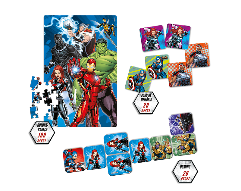 Jogo os Vingadores - Super Kit 3 em 1 (quebra cabeça 100 peças, jogo da memória + dominó)