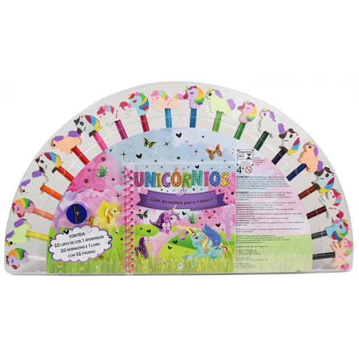 Kit de Colorir - Livro + 20 lápis de cor com borrachas divertidas de Unicórnio