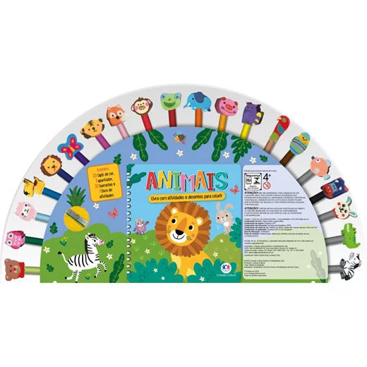 Kit de Colorir - Livro + 20 lápis de cor com borrachas divertidas de Animais