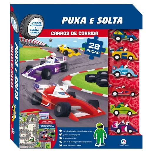 Carros de Corrida - Livro de atividade, Quebra Cabeça de Pista com cenário e 6 carrinhos