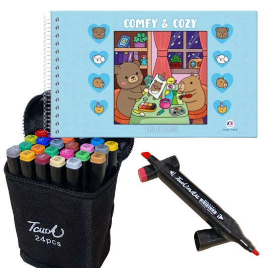 Comfy and Cozy Blue - Para Colorir + 24 Canetinhas Coloridas