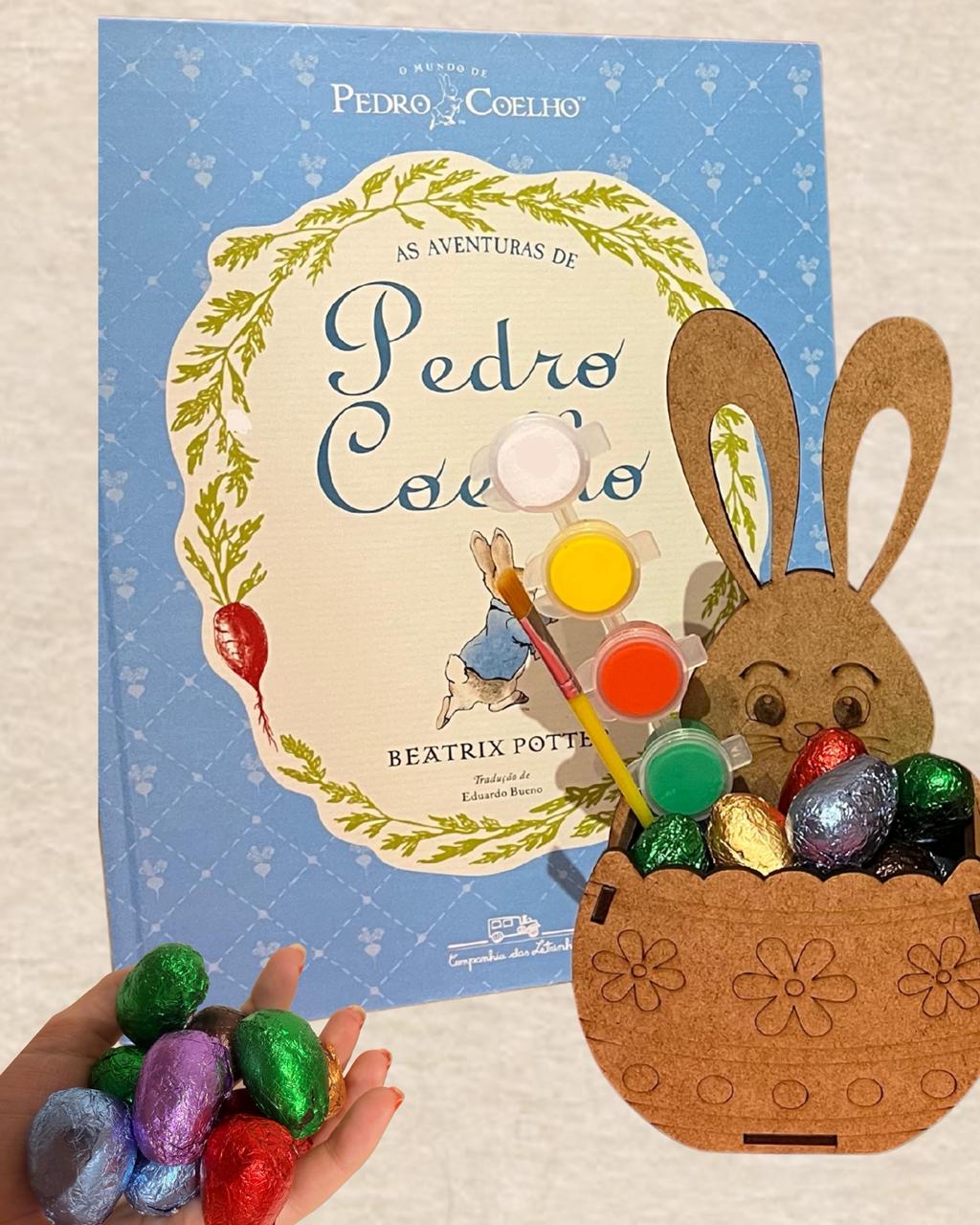 Kit Páscoa: Livro Pedro Coelho + 10 ovinhos LEVe Brigaderia + Pintura em Cesta de madeira