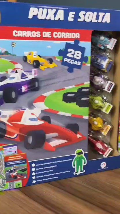 Carros de Corrida - Livro de atividade, Quebra Cabeça de Pista com cenário e 6 carrinhos