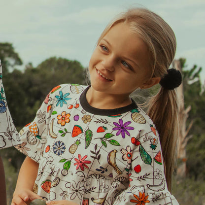 Vestido Fru Fru para Pintar Estampa Frutaria de Flor - Gola Preta